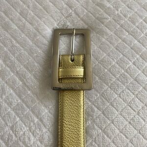 Moschino Metallic Gold Leather Belt with Silver Buckle Size 44